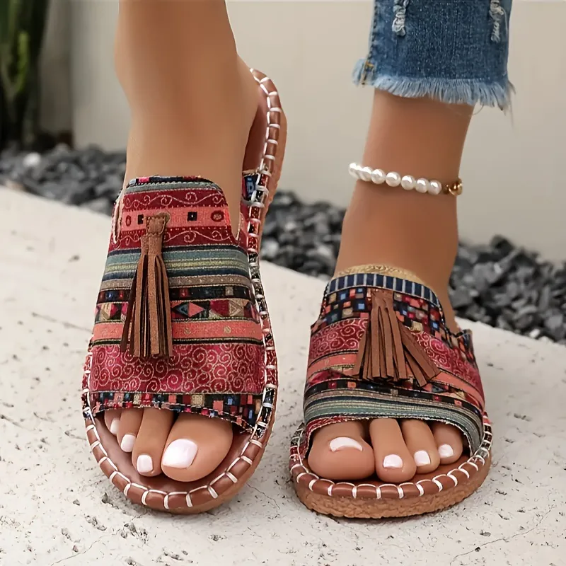 Women's Bohemian Flat Slippers Ethnic Fabric Tassel Beach Sandals Summer Slip-on Casual Slides Outdoor Holiday Vacation Flip Flops