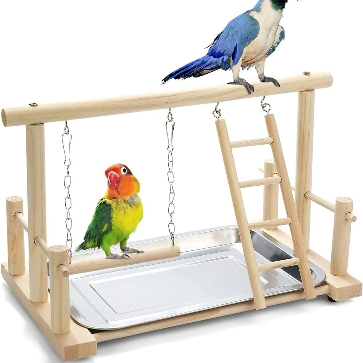 Wood Bird Stand Parrot Playground Interactive Training Rack With Swing Ladder Stainless Steel Tray For Small Medium Parrots Budgies Cockatiels Desktop Bird Gym