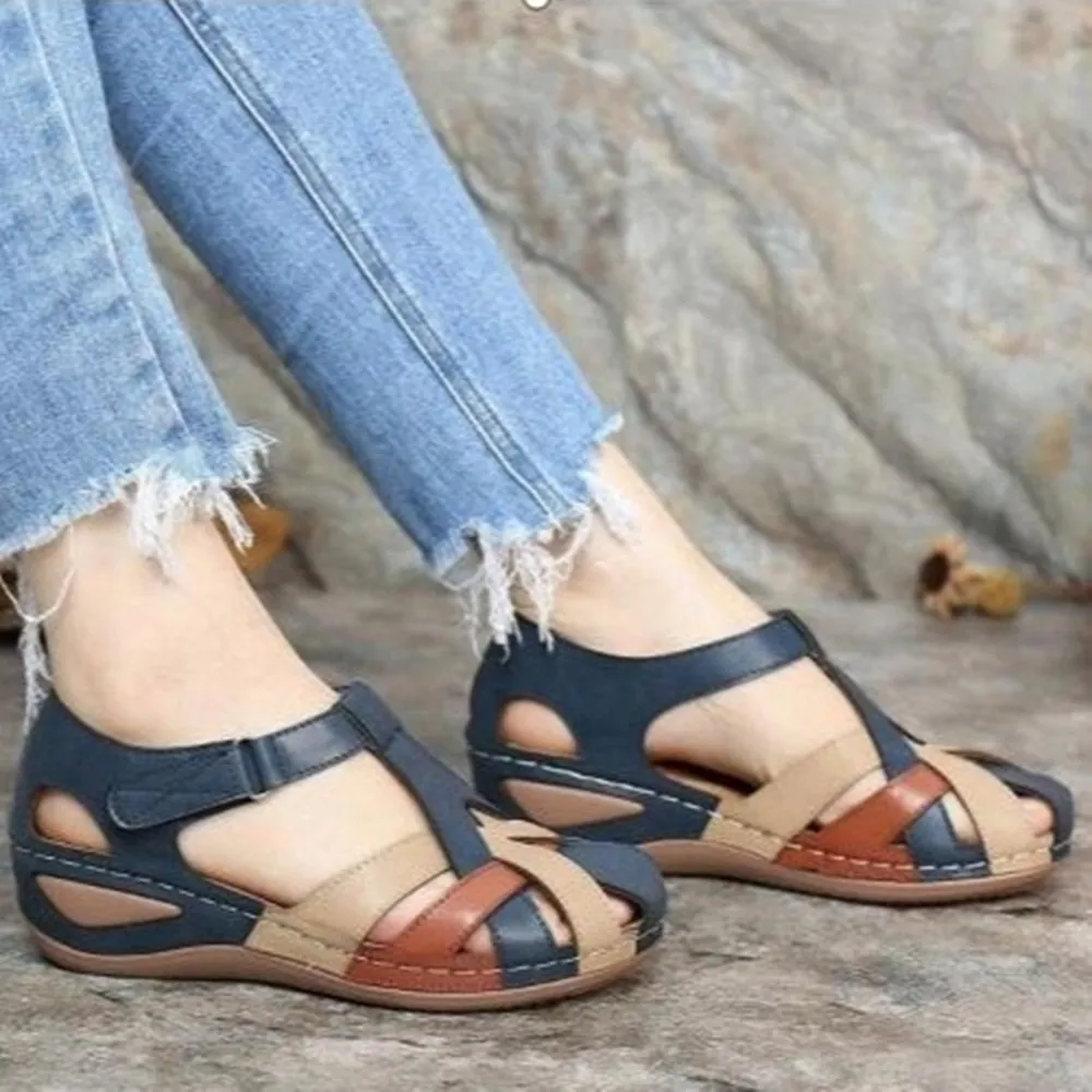 Retro Women's Roman Wedge Sandals Round Toe Cross Strap Buckle Color Block PU Leather Summer Fashion Platform Sandals