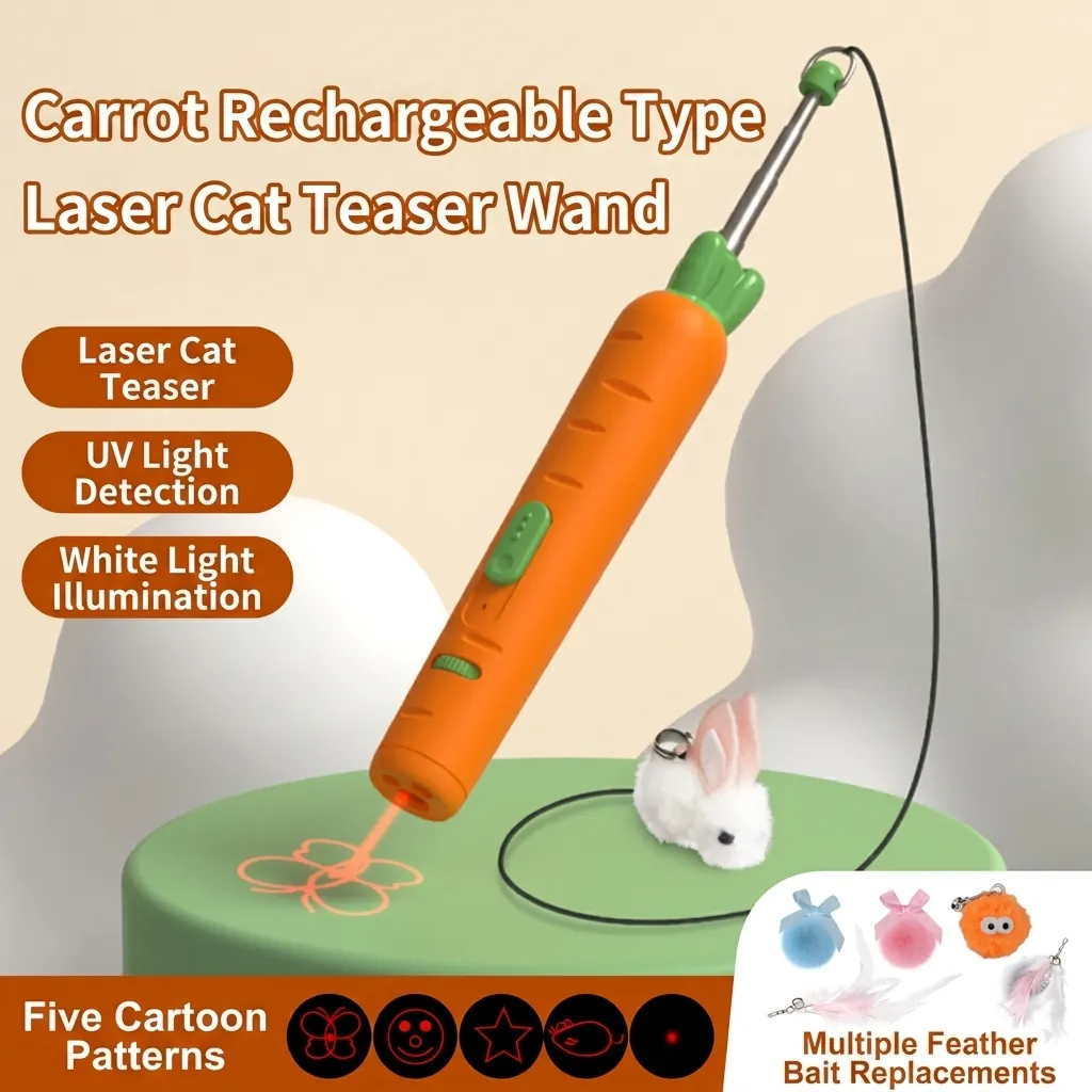 Juguete Láser para Gatos 3 En 1 Forma de Zanahoria Pluma Teaser Interactiva Recargable Con Múltiples Patrones Luz UV Linterna LED