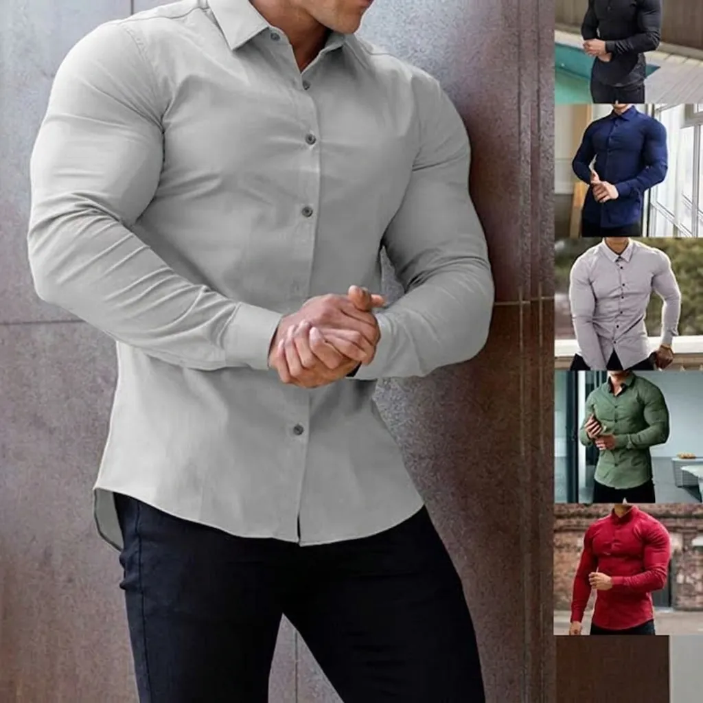 Men's Four-Way Stretch Anti-Wrinkle Shirt Slim Fit Long Sleeve Business Casual Button Down Solid Color Polyester Spandex Dress Shirt