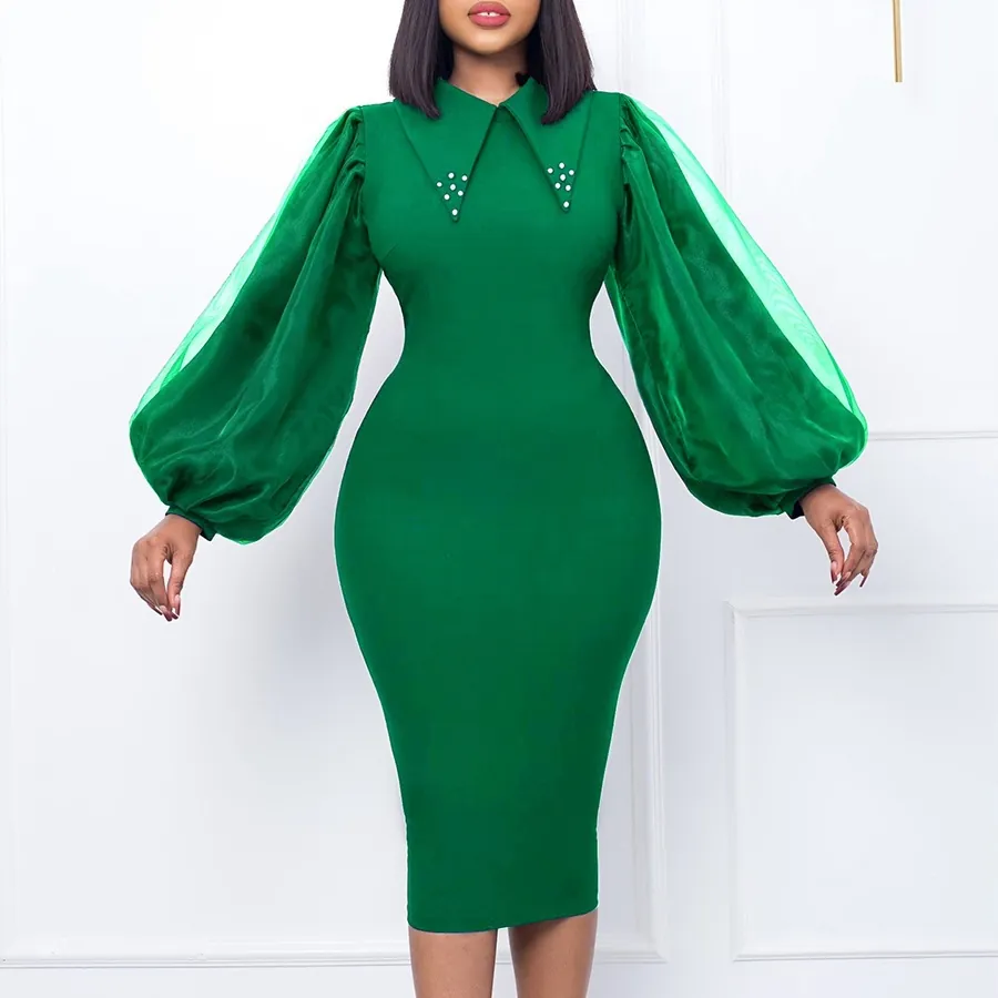 Women Mesh Splicing Puff Sleeve Bodycon Midi Dress Beaded Collar Elegant Commuter Pencil Dress Solid Color Polyester Party Robe