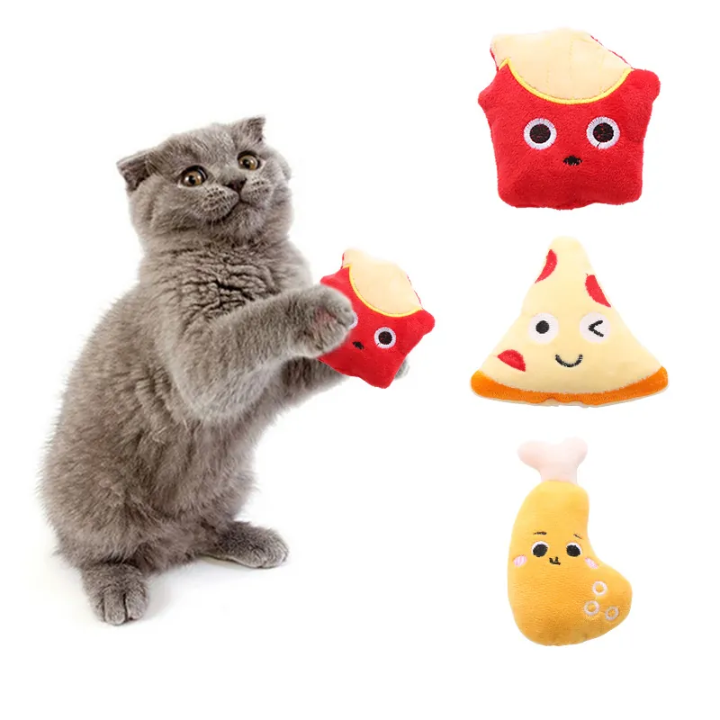 Interactive Cat Plush Toy Food Shape Catnip Crinkle Paper Soft Stuffed Kitten Toy Drumstick Pizza Fries Design Pet Accessory