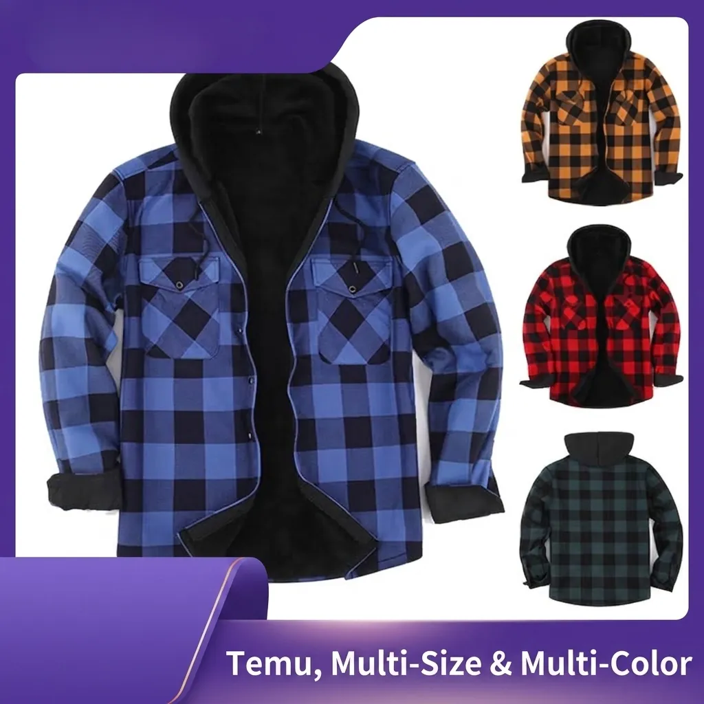 Chemise à Capuche Doublée en Molleton pour Hommes Haut à Carreaux Veste en Flanelle Manches Longues Chaud Hiver Décontracté
