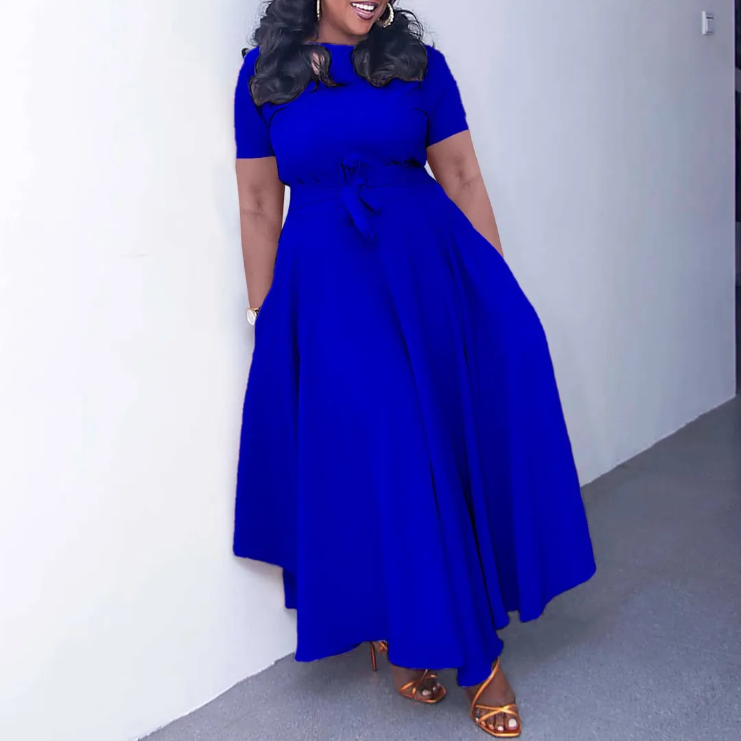 Women Plus Size Short Sleeve Maxi Dress Tie Waist Round Neck A-Line Solid Color Summer Fashion Elegant Long Dress