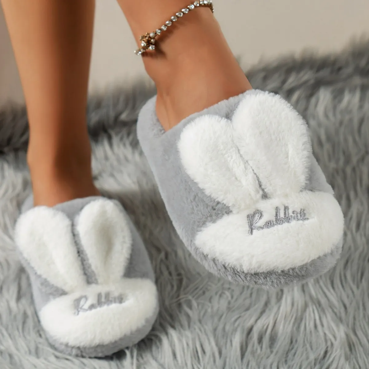 Women Korean Style Rabbit Head Plush Cotton Slippers Autumn Winter Warm Furry Indoor Flat Home Shoes Couple Bunny Slippers