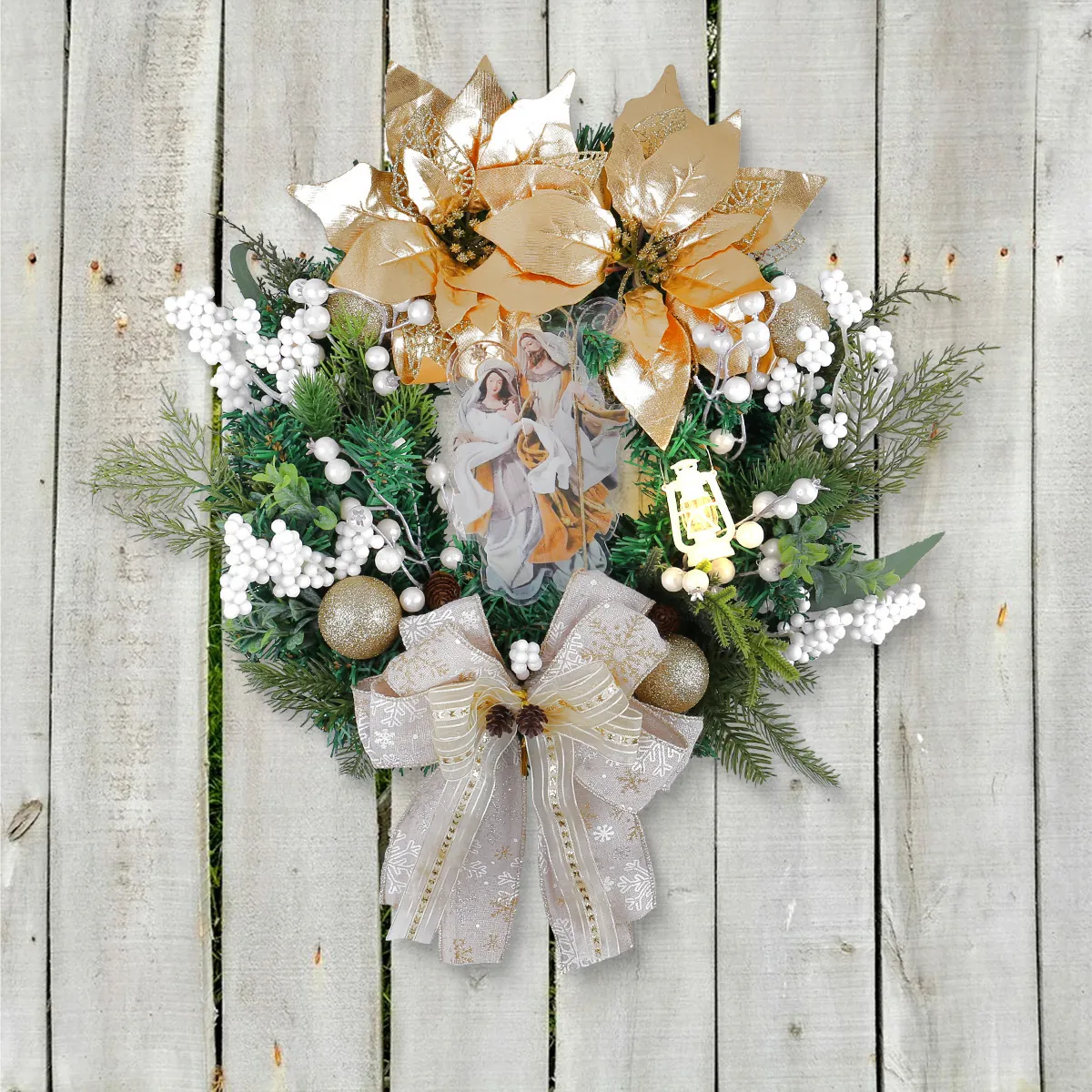 Verlichte Kerstkrans Met Gouden Olielamp Kerststal Poinsettia Bessen Strik Decoratie Voor Voordeur Raam