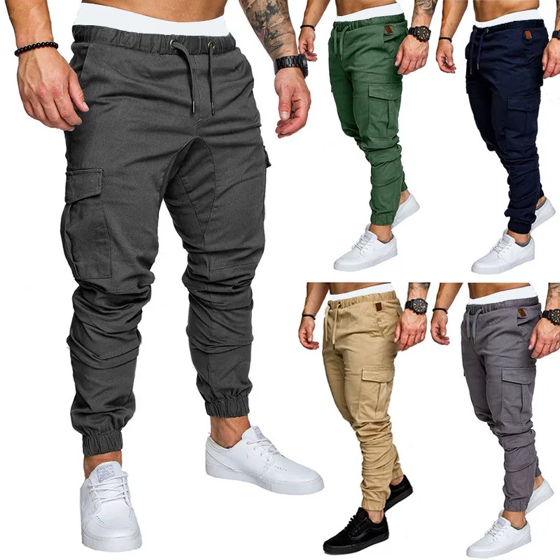 EHCM Men Multi Pocket Cargo Pants Autumn Winter Casual Outdoor Fitness Joggers Drawstring Cuffed Cotton Bottoms For Men