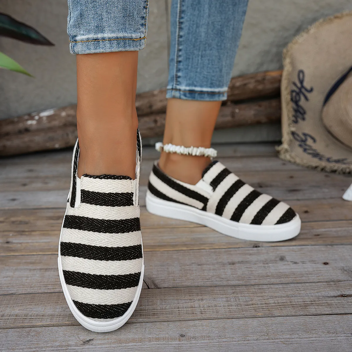 Dames Gestreepte Canvas Instappers Flats Ademend Ronde Neus Casual Laag Model Comfort Wandelschoenen Grote Maten