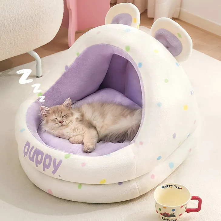 Nido para Gatos Semicerrado Suave Cama de Felpa para Perros Cálida de Invierno Lavable Lunares Orejas de Oso de Peluche Casa para Mascotas Con Cojín Desmontable