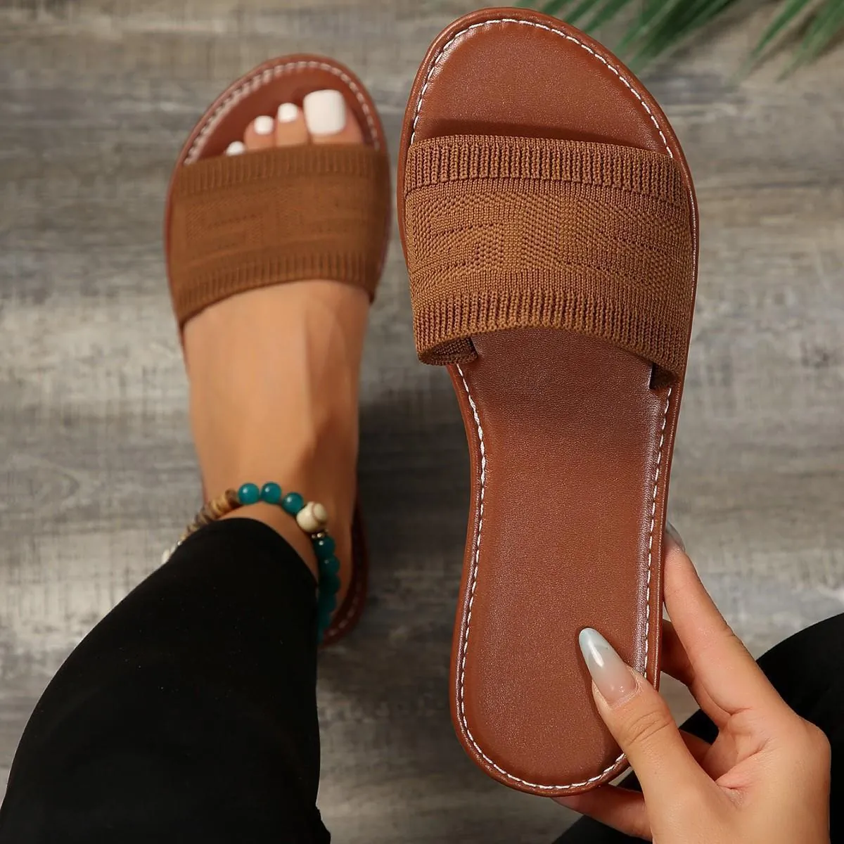 Chanclas de Tela de Punto con Punta Redonda para Mujer Verano Casual Planas Zapatillas de Exterior Costuras en Contraste Sandalias de Playa Ligeras