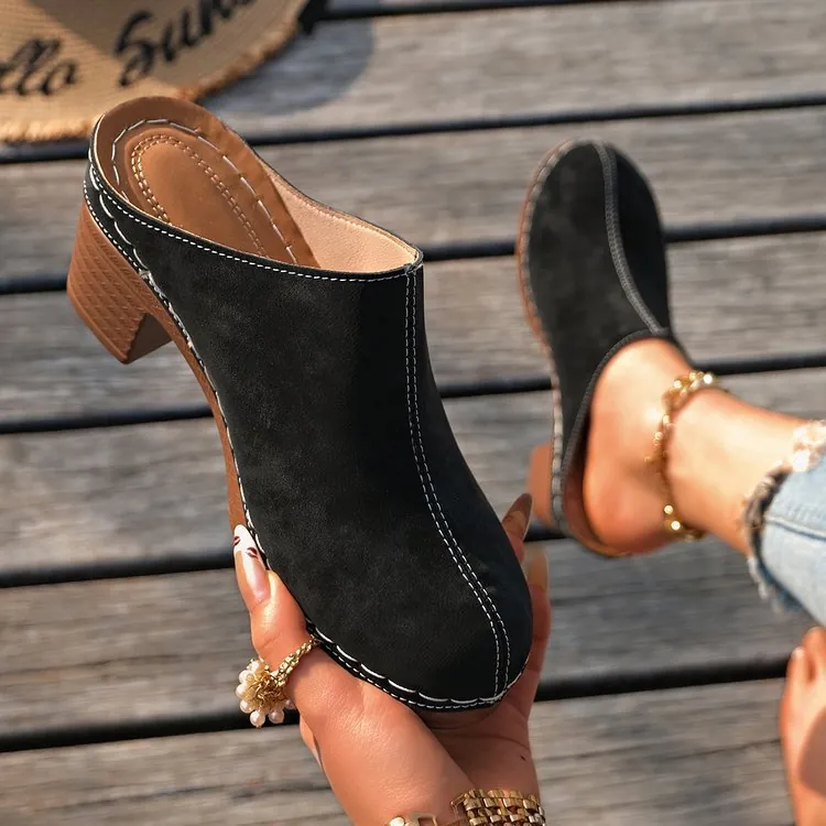 Mules à Talon Épais pour Femmes Coutures Contrastées Bout Fermé Pantoufles à Talon Haut Style Rétro Britannique Sandales en Cuir PU