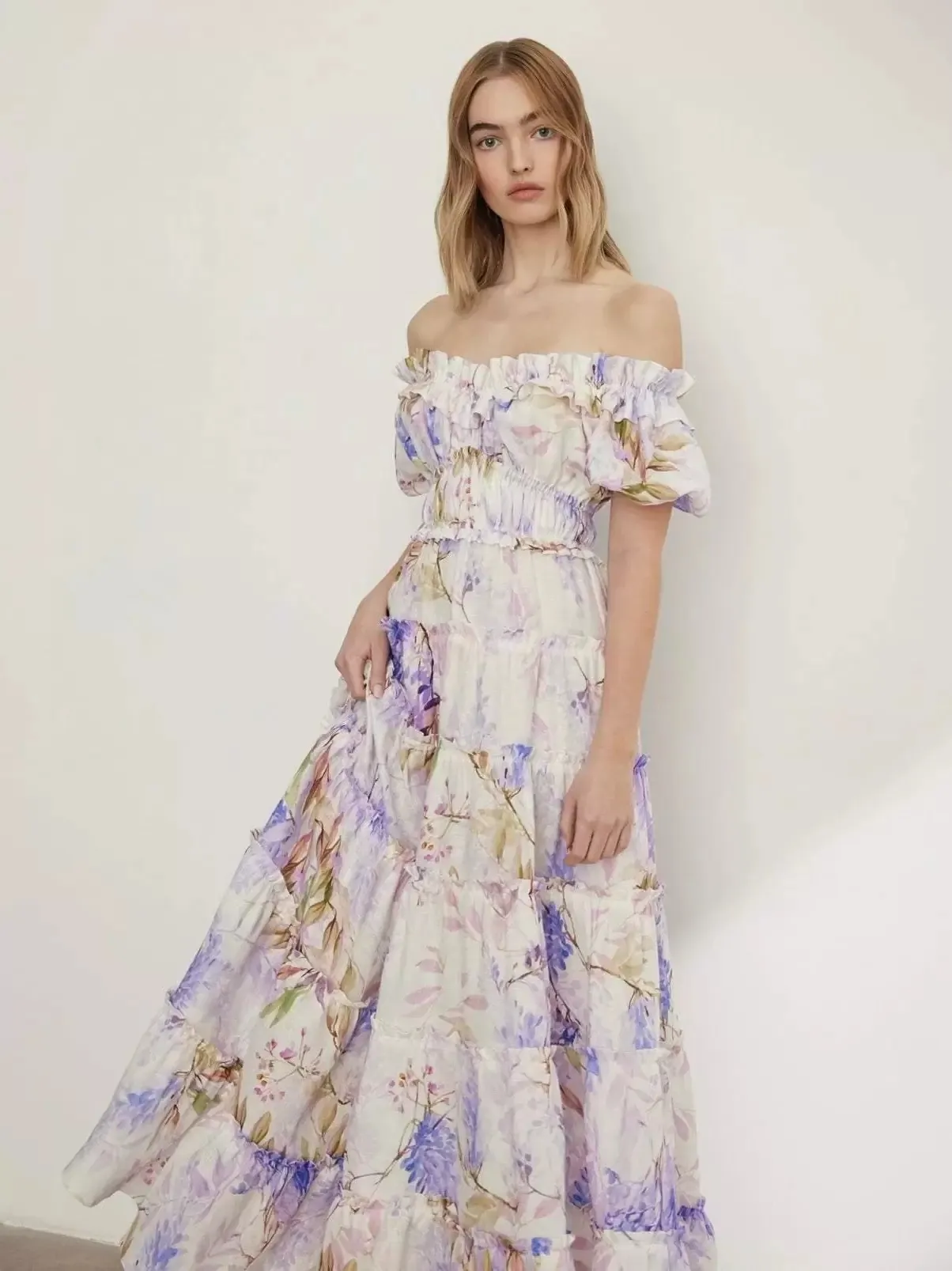 Women Off Shoulder Organza Floral Maxi Dress Elegant Puff Sleeve Tiered Cake Skirt Evening Party Wedding Guest Long Dress