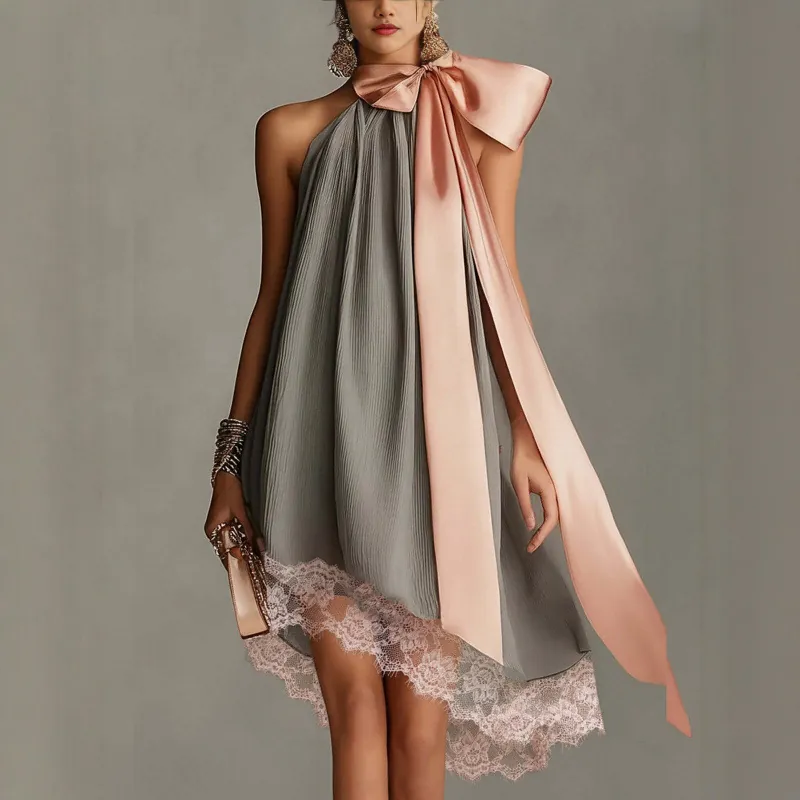 Abito Midi in Poliestere Plissettato da Donna Elegante con Scollo all'Americana Fiocco Rosa Orlo in Pizzo a Contrasto Festa
