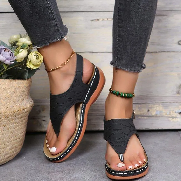 Dames Sandalen Romeinse Stijl Plat Vintage PU Gespband Teenslippers Lichtgewicht Effen Kleur Comfortabele Zomer Strandschoenen