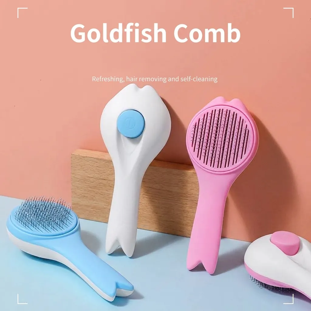 Pet Self-Cleaning Slicker Brush One-Click Hair Removal Stainless Steel Pin Grooming Tool For Cats Dogs Goldfish Shape Massage Comb