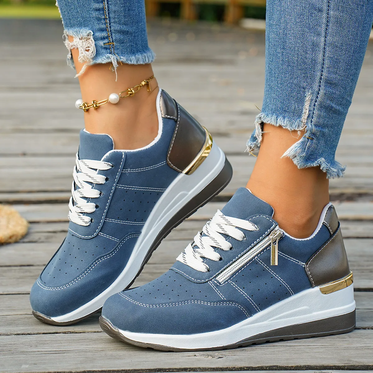 Baskets Compensées pour Femmes Fermeture Éclair Latérale en Suédine Chaussures de Sport Décontractées Bout Rond Lacets Chaussures de Marche à Plateforme Mode