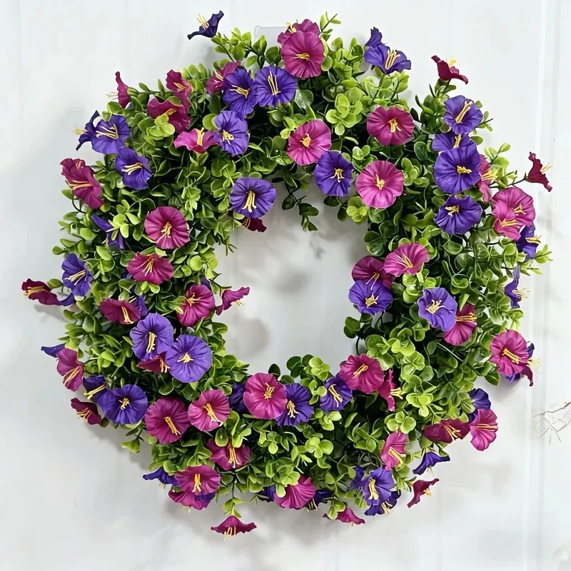 Corona Artificial de Gloria de la Mañana Estilo Bosque Primavera Verano Púrpura Rosa Tela Plástico Floral Decoración Hogar Pared Puerta