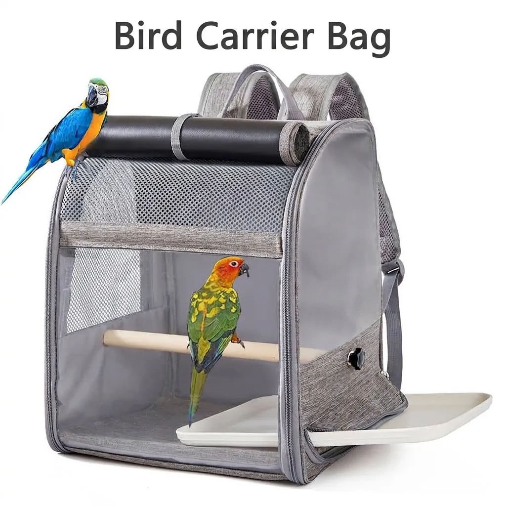 Breathable Bird Carrier Backpack Large Capacity Parrot Travel Bag With Wood Perch And Feeding Cup For Small Animals Birds Gray