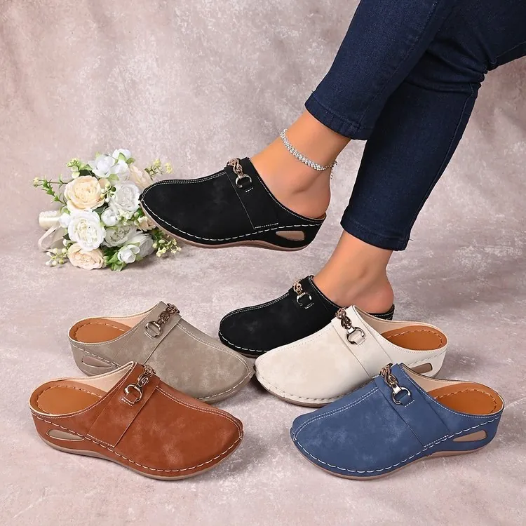 Women's Platform Mules Clogs Synthetic Leather Wedge Heel Sandals Metal Chain Decor Contrast Stitching Breathable Comfort Daily Shoes