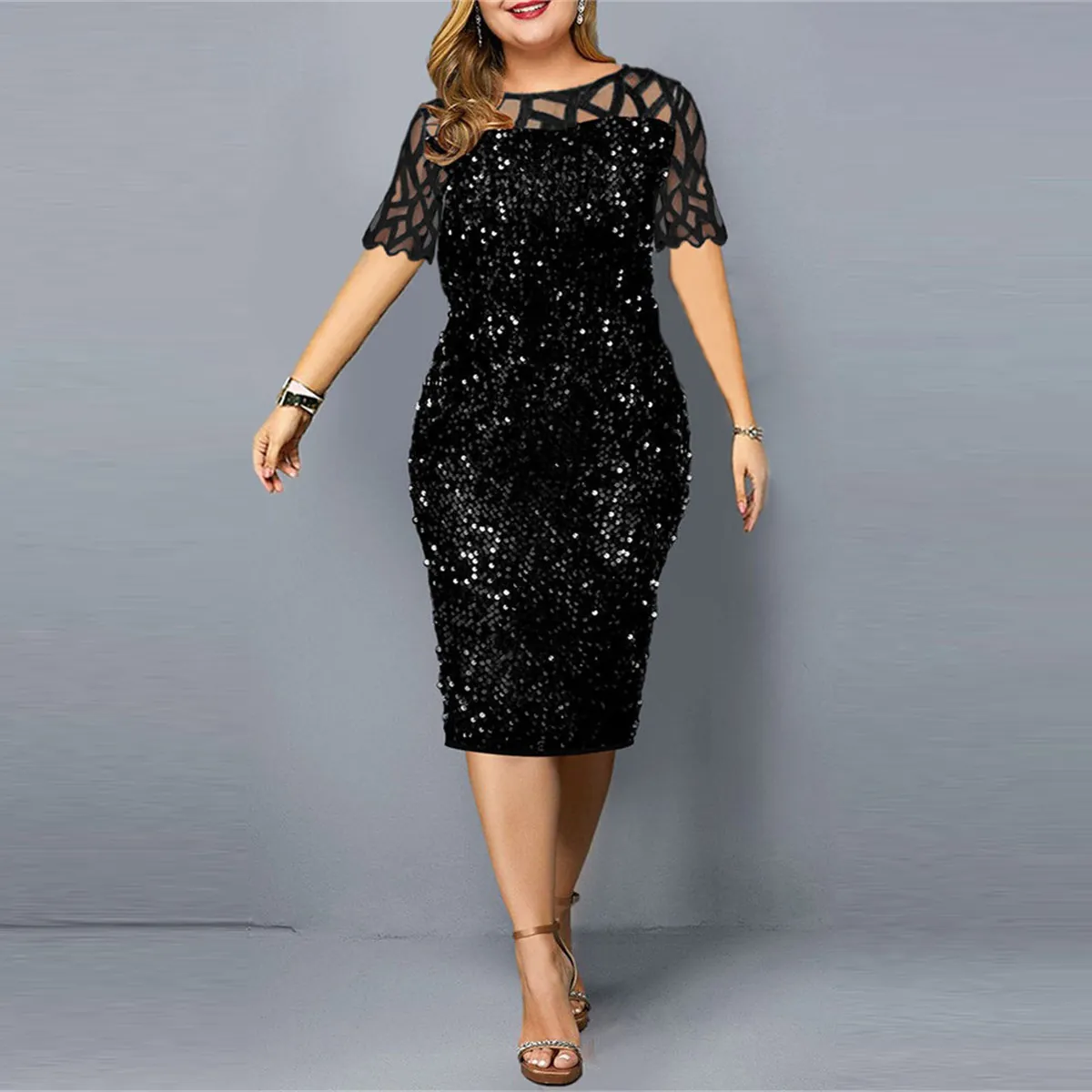 Women Elegant Sequin Midi Dress Round Neck Mesh Patchwork Slim Fit Shiny Party Evening Dress For Banquet Ladies