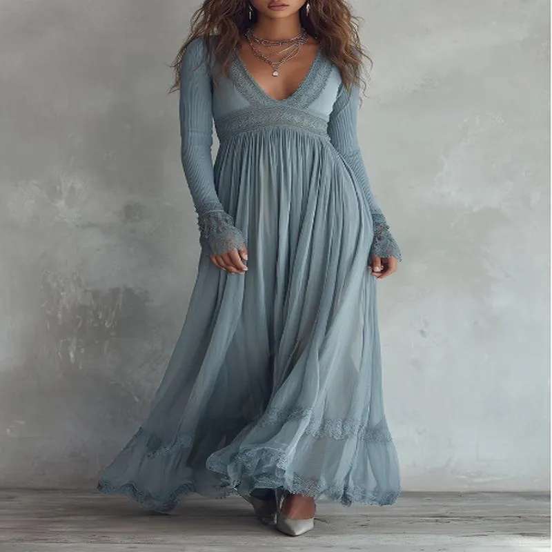 Damen Bohemian Festival Strick Chiffon Plissee Spitze Patchwork Maxikleid Elegant V-Ausschnitt Langarm Hohe Taille Drapiertes Kleid