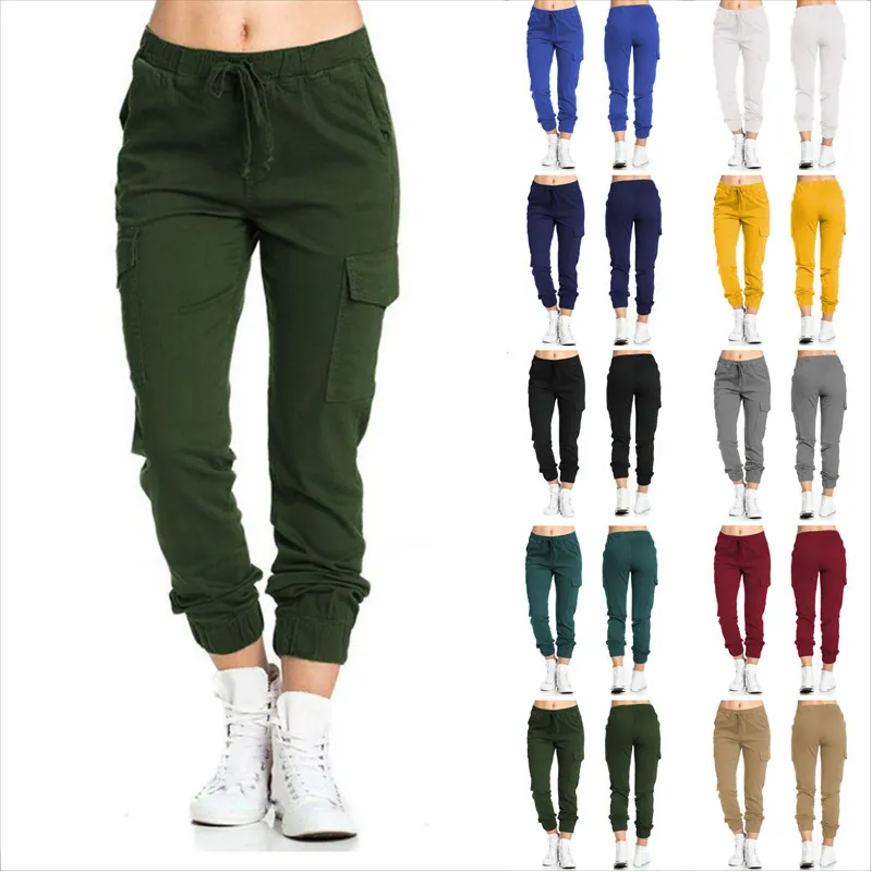 Women Cargo Jogger Bottom Polyester Elastic Waist Drawstring Side Pocket Casual Streetwear Outdoor Trousers