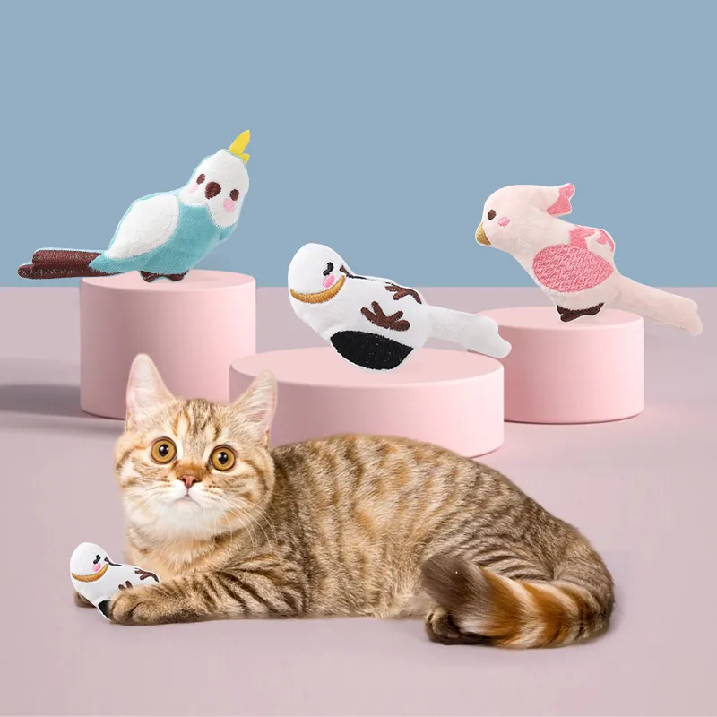 Jouet en Peluche pour Chat Forme d'Oiseau Avec Cataire Papier Bruissant Nettoyage des Dents Perroquet Interactif pour Animaux de Compagnie