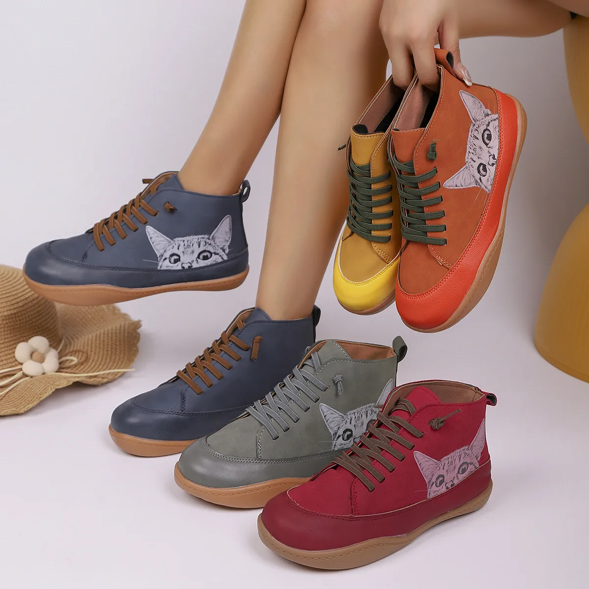 Dames High Top Casual Sneakers Leuke Cartoon Kat Print Platte Schoenen Ronde Neus Vetersluiting Kleurblok Grote Maat Wandelschoenen