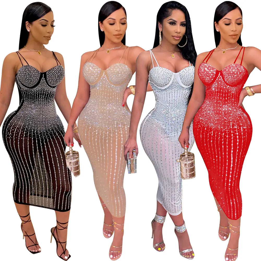 Abito Midi da Donna Sexy in Rete Trasparente con Strass Senza Maniche Aderente Gonna a Tubino per Feste in Club e Serate