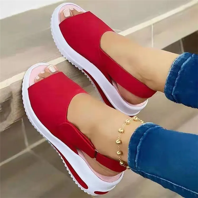 Damen Peeptoe Plateau Sandalen Casual Flache Strandschuhe Einfarbig PU Leder Rutschfest Low Top Sommer Schuhe