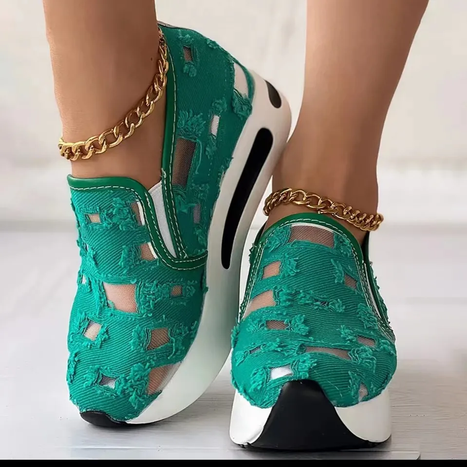 Sandalias de Plataforma de Malla y Lona para Mujer Casuales Transpirables Slip On Caladas Desgastadas Antideslizantes Mocasines Deportivos