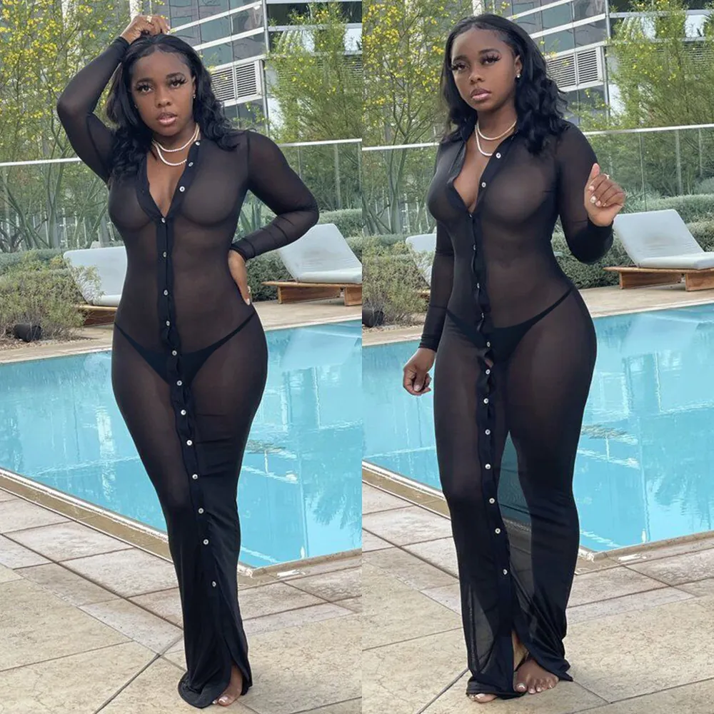 Sexy Women Transparent Mesh Maxi Dress Deep V Neck Long Sleeve Single Breasted Button Front Sheer Cover Up Clubwear Night Dress
