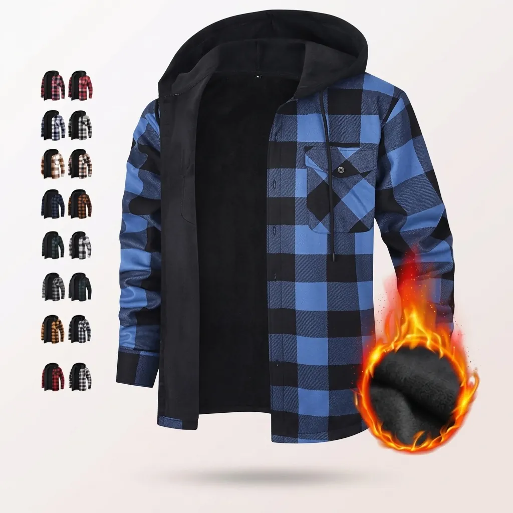 Men's Casual Plaid Hooded Shirt Jacket Fleece Lined Long Sleeve Button Down Warm Shacket For Winter Everyday Outerwear