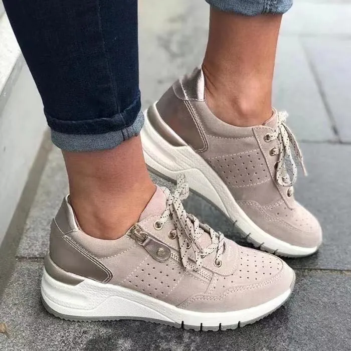 Fashion Women's Platform Sneakers Lace-Up Side Zipper Casual Wedge Walking Shoes Solid PU Leather Breathable Large Size