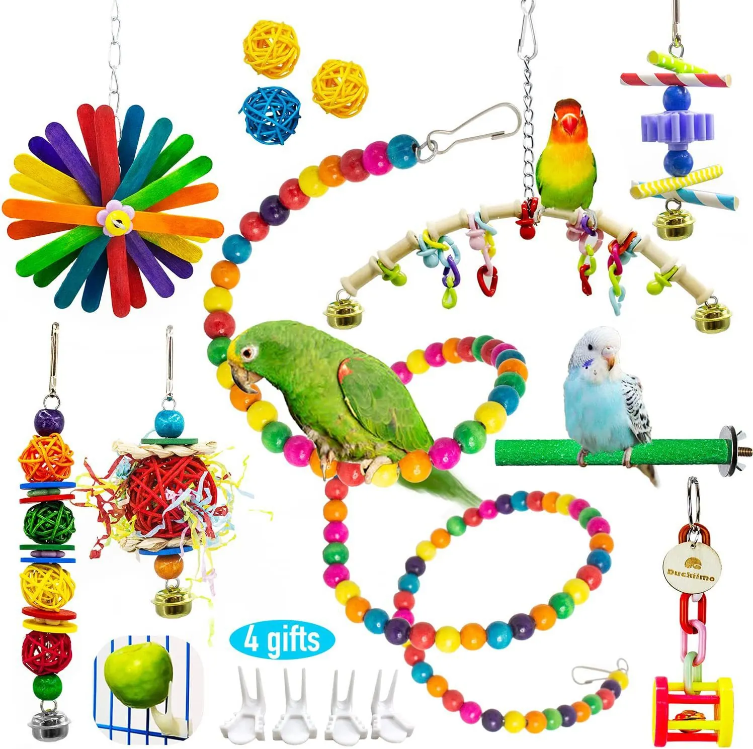 Wood Bird Toy Collection For Parrots Colorful Rattan Balls Swing Bells Climbing Rope Chewing Stand Perch Bird Cage Accessories