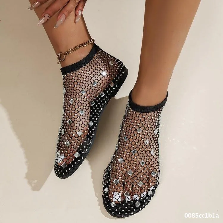 Damen Sexy Netz Strass Flache Sandalen Stiefel Sommer Slip-On Fischer Netz Sandalen Mit Gummiband Übergröße Mode Schuhe