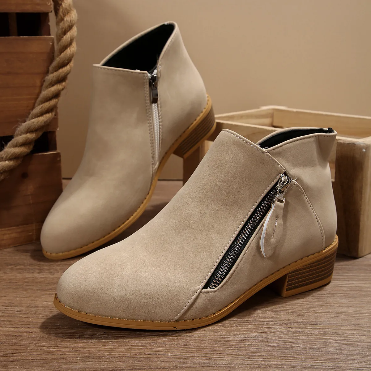 Women Pointed Toe Ankle Boots Synthetic Leather Block Heel Side Zipper Winter Autumn Casual Fashion Big Size Shoes