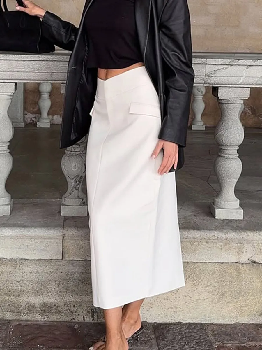 Women Elegant High Waist White Blazer Midi Skirt Office Commute Bodycon Pencil Skirt With Back Split Pockets Western Style