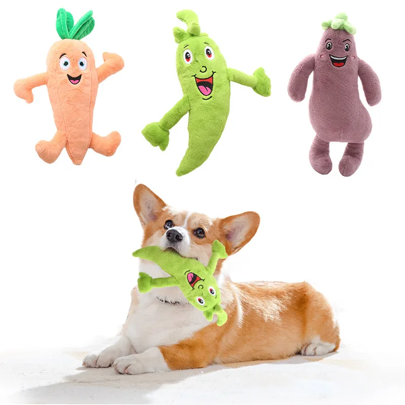 Cartoon Vegetable Series Squeaky Plush Dog Toy Carrot Eggplant Chili Shaped Teeth Cleaning Chew Toy Interactive Pet Companion Toy