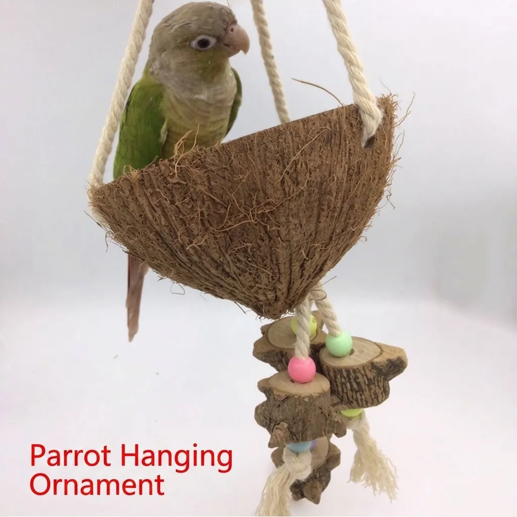 Natural Coconut Shell Bird Toy Parrot Chewing Molar Toy Hanging Swing Nest With Wood Slices Cotton Rope For Small Medium Birds