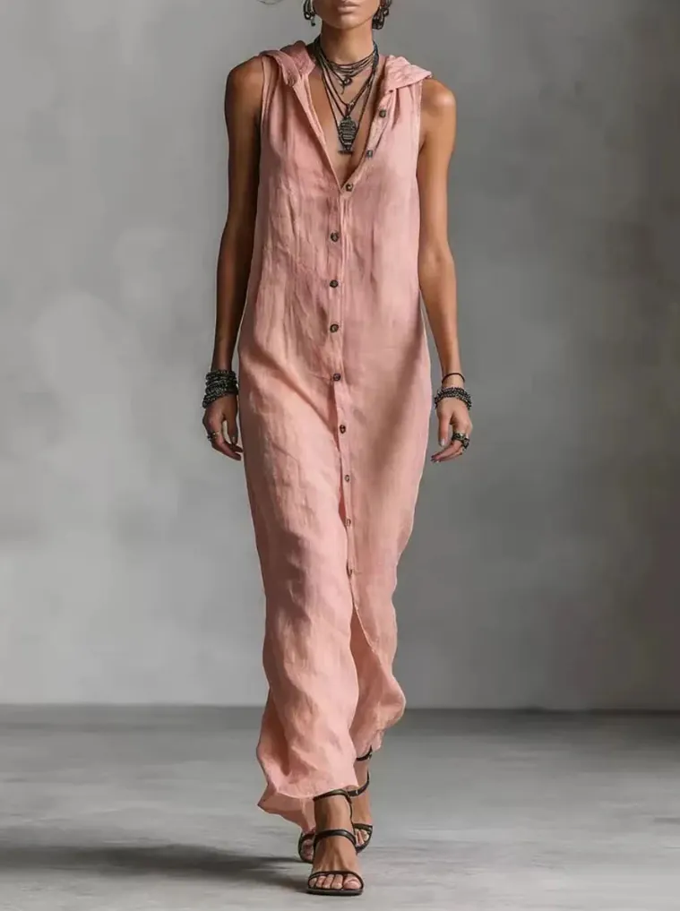 Women Sleeveless Hooded Maxi Dress Button Down Cotton Linen Casual Loose Long Sun Dress Vacation A-Line Solid Color Robe