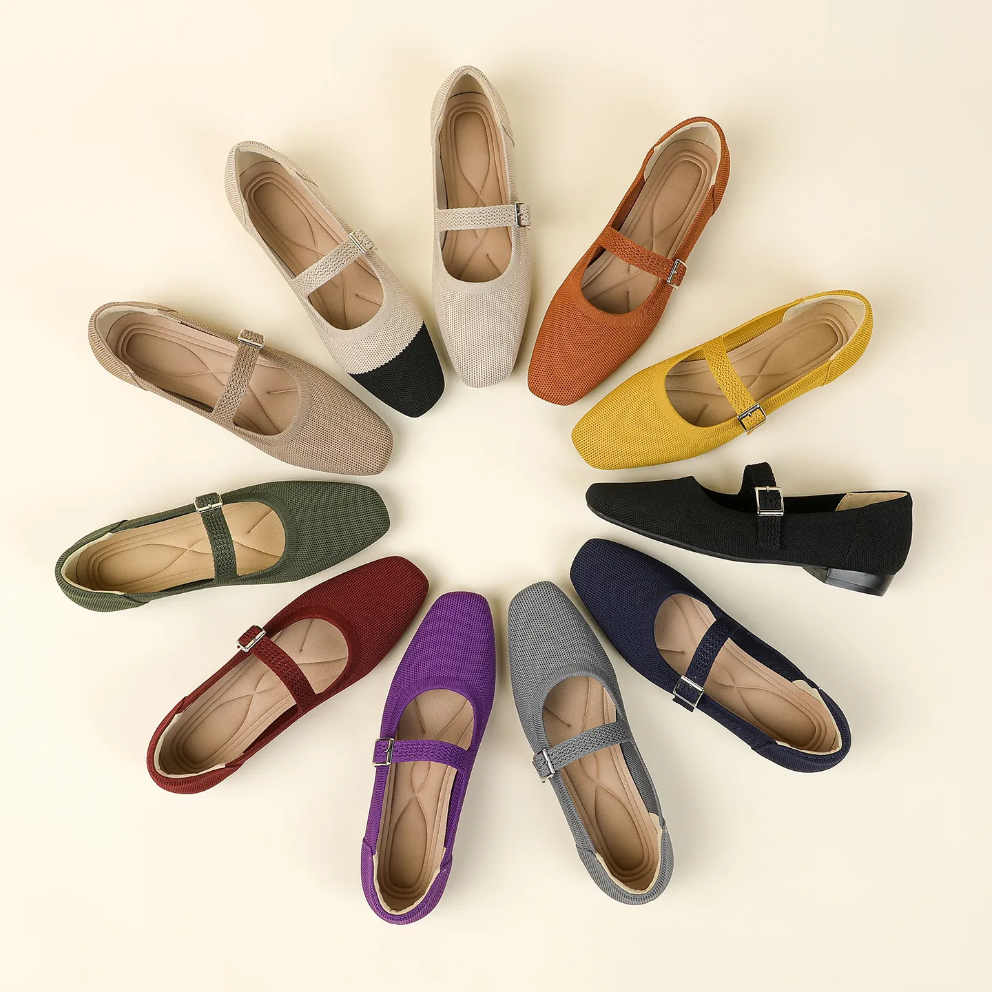 Women Flyknit Mary Jane Shoes Breathable Square Toe Flat Shoes Casual Single Buckle Strap Walking Flats Women Footwear