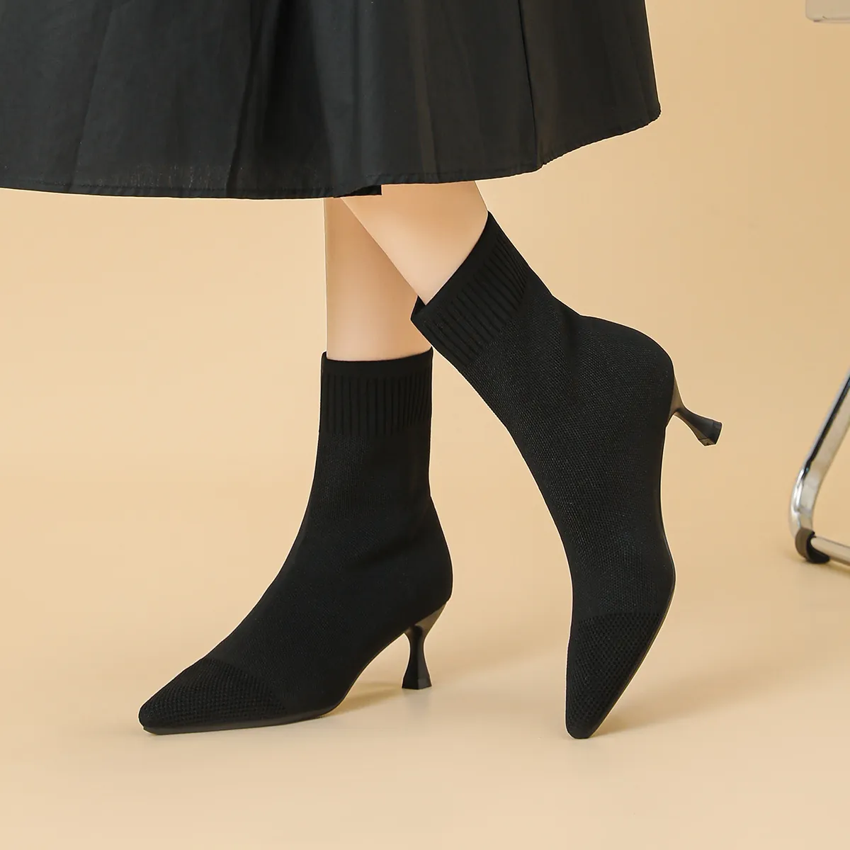 Damen Spitze Zehenpartie Hoher Absatz Stiefeletten Atmungsaktiv Strick Sockenstiefel Elastisches Gewebe Stöckelschuh Mode Schlanke Stiefel