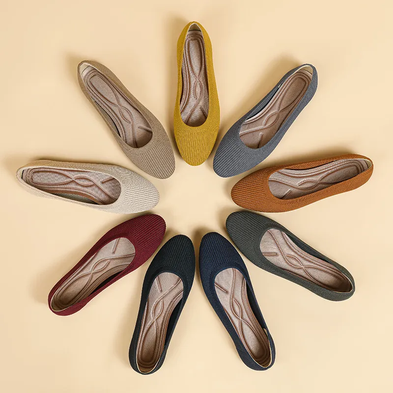 Chaussures Plates en Tricot à Bout Rond pour Femmes Coupe Basse Couleur Unie Respirantes Semelle Souple Décontractées Grandes Tailles