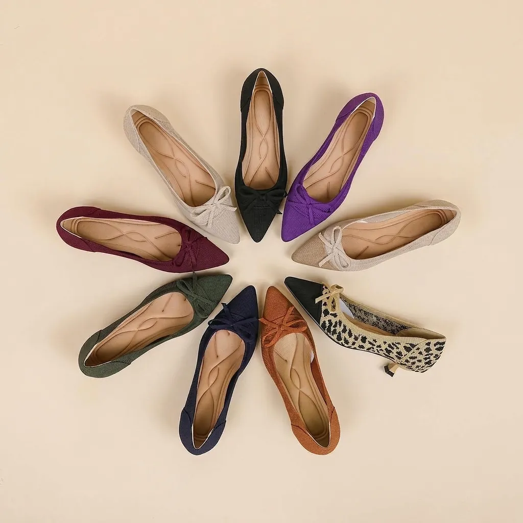 French Style Pointed Toe Knit Heels Breathable Fabric Elegant Bow Decoration Kitten Heels For Women Office Wedding Party Shoes