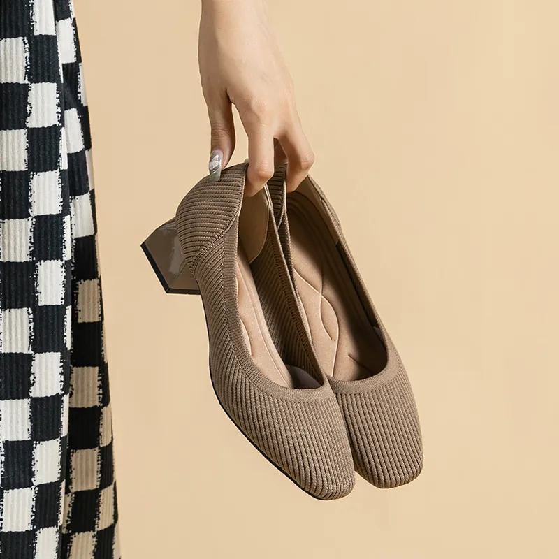 Pumps da Donna con Tacco Largo in Maglia Punta Quadrata a Righe Traspiranti Scarpe Slip-on Tacco Medio 4cm Ufficio Donna