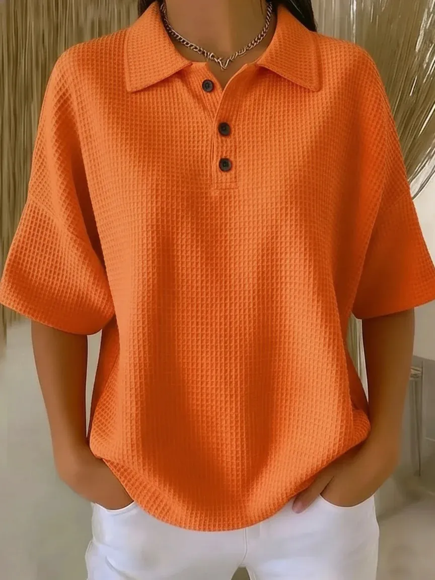 Women's Waffle Knit Short Sleeve Polo T-Shirt Solid Color Button Down V-Neck Casual Loose Top Summer Fashion Tee S-5XL