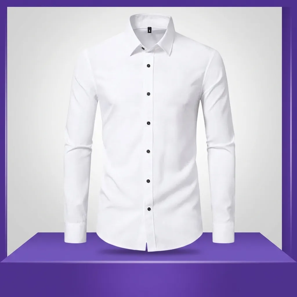 Men Business Casual Long Sleeve Shirt Slim Fit Four Way Stretch Lapel Button Down Dress Shirt Solid Color Office Work Shirt