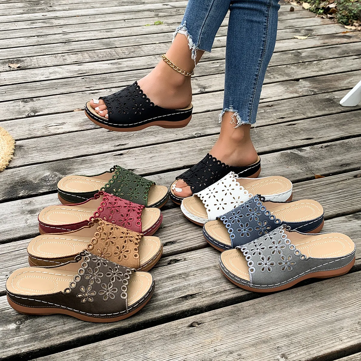 Women Peep Toe Wedge Sandals Platform Slides PU Leather Floral Cutout Thick Sole Summer Casual Western Fashion Slippers